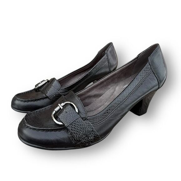 Aerosoles Heelrest Black Leather Moccasins Heeled Loafers Shoes Women's size 9.5 - Picture 5 of 15